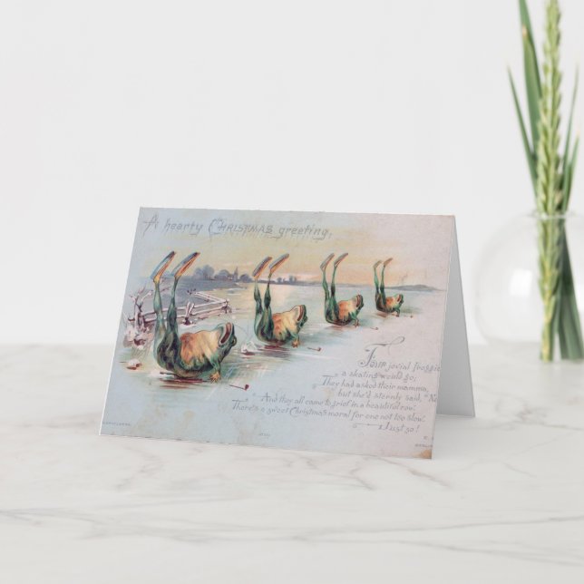 Frogs on Ice Christmas Vintage Postcard (Front)