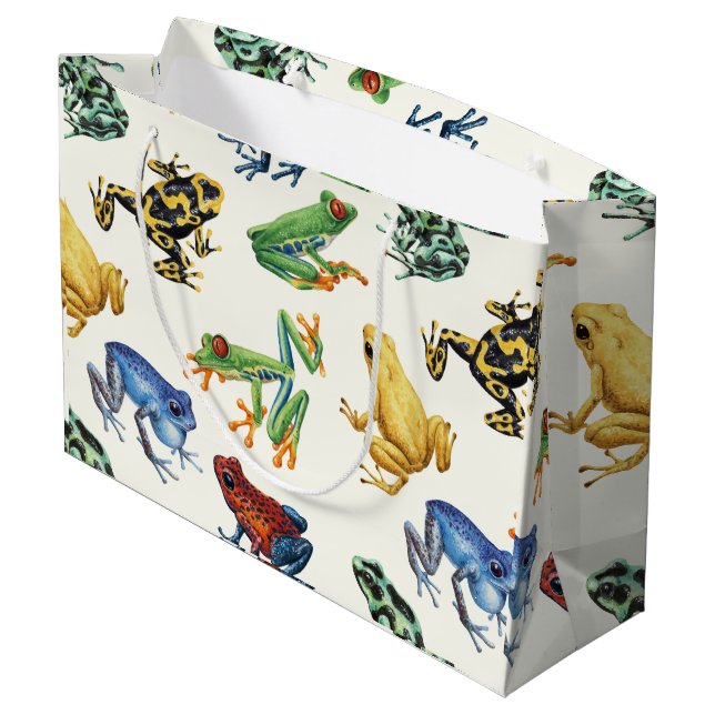 Frogs on natural white large gift bag (Back Angled)
