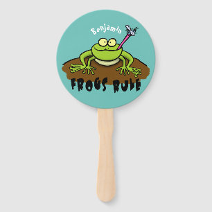 Frogs rule funny green frog cartoon hand fan