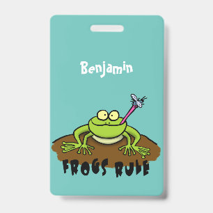 Frogs rule funny green frog cartoon ID badge