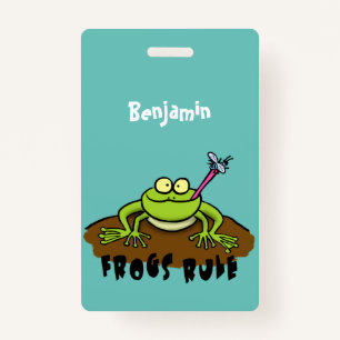Frogs rule funny green frog cartoon ID badge