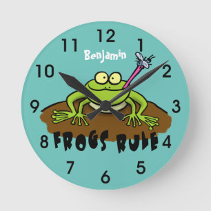 Frogs rule funny green frog cartoon round clock