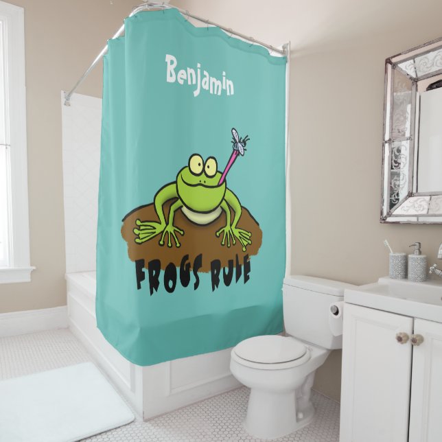 Frogs rule funny green frog cartoon shower curtain (In Situ)