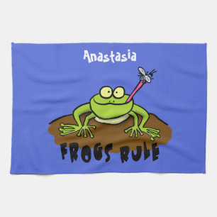 Frogs rule funny green frog cartoon tea towel