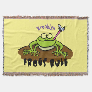 Frogs rule funny green frog cartoon throw blanket