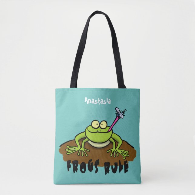 Frogs rule funny green frog cartoon tote bag (Front)