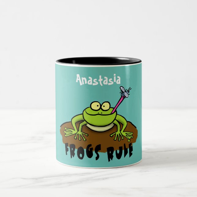 Frogs rule funny green frog cartoon Two-Tone coffee mug (Center)