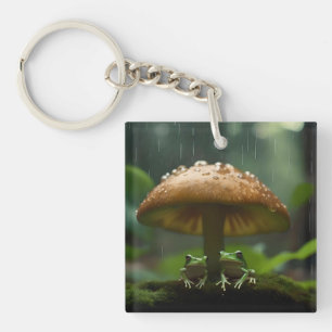 Frogs Sheltering Under Mushroom From Rain, Key Ring