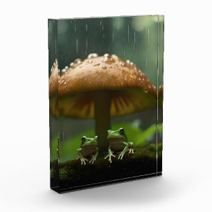 Frogs Sheltering Under Mushroom From Rain, Photo Block
