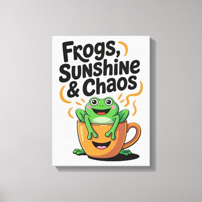 Frogs, Sunshine & Chaos – Cute Frog in Coffee Cup Canvas Print (Front)