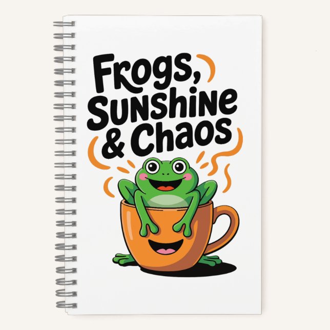 Frogs, Sunshine & Chaos – Cute Frog in Coffee Cup Notebook (Front)