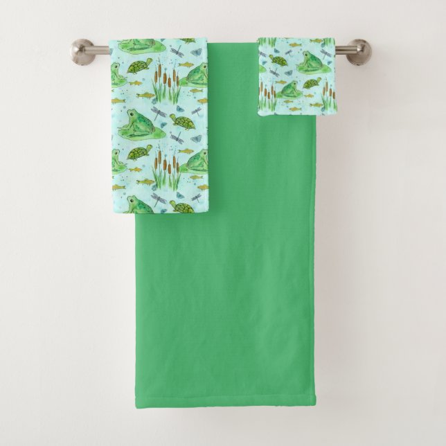 Frogs Turtles Fish Green Bath Towel Set (Insitu)