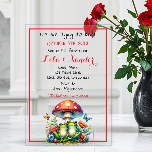 Frogs under a Mushroom and Flowers Cute Wedding Acrylic Invitations (Creator Uploaded)