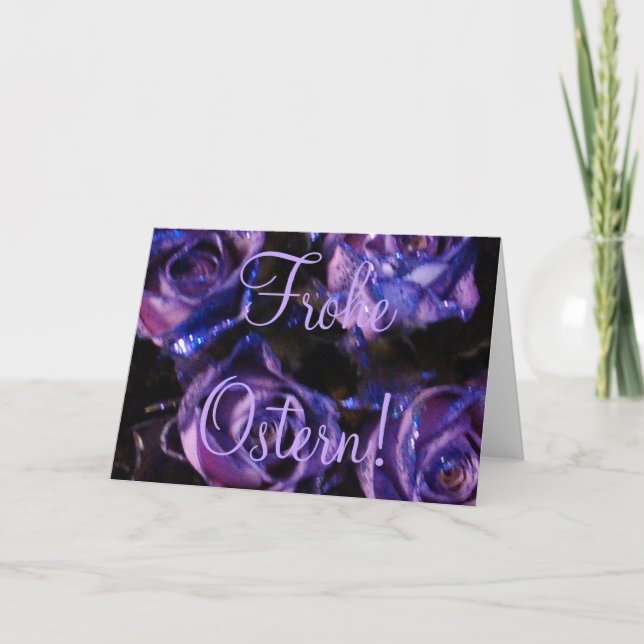 Frohe Ostern, German Easter Purple Roses Flowers Holiday Card (Front)