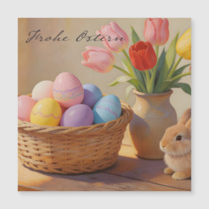Frohe Ostern mit bunten Eiern und Tulpen