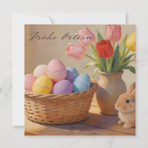 Frohe Ostern mit bunten Eiern und Tulpen Card