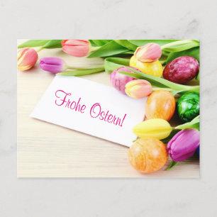 Frohe Ostern Postkarte mit Tulpen und Ostereier Postcard