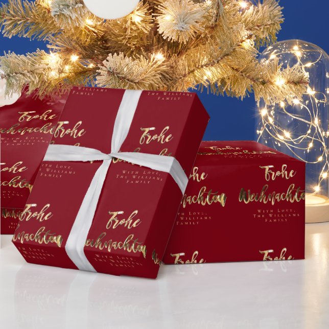 Frohe Weihnachten Elegant Red Gold Script German Wrapping Paper (Holidays)