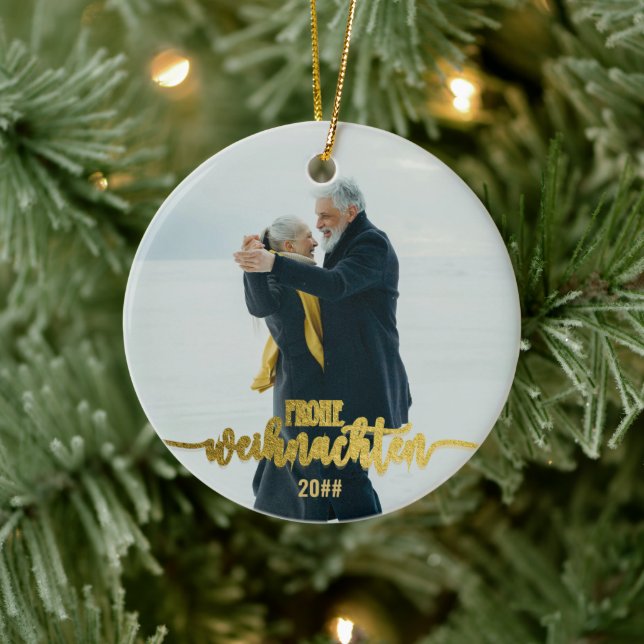 Frohe Weihnachten German Christmas 2 Photo Collage Ceramic Tree Decoration (Tree)