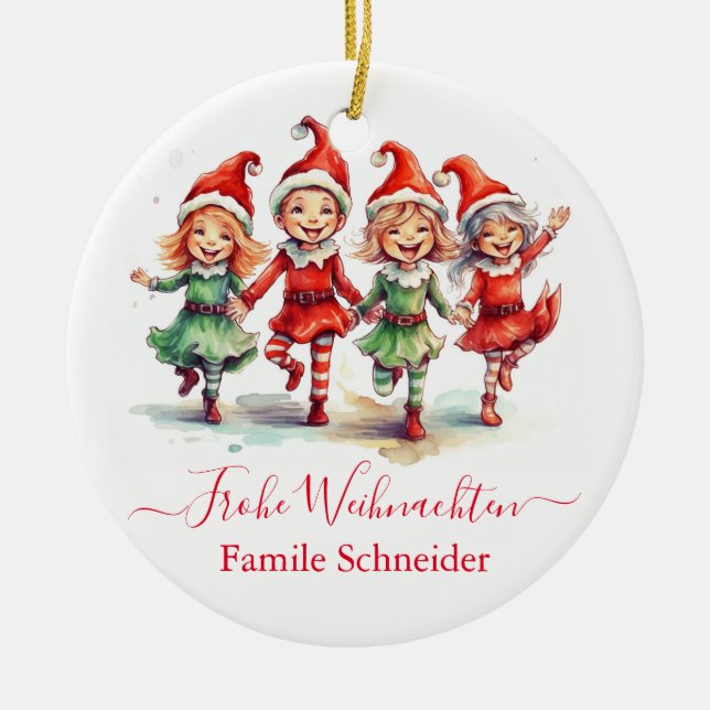 Frohe Weihnachten German Christmas elves  Ceramic Tree Decoration (Front)