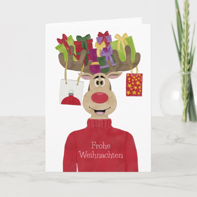 Frohe Weihnachten German Christmas Gifts Reindeer Holiday Card (Front)