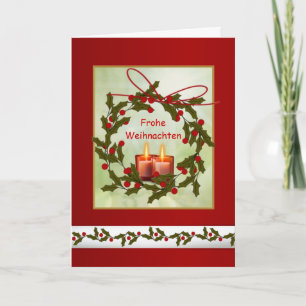 Frohe Weihnachten German Christmas - Holly, candle Holiday Card