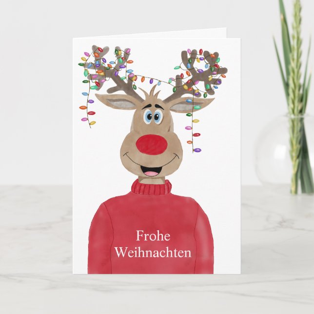 Frohe Weihnachten German Christmas Lights Reindeer Holiday Card (Front)