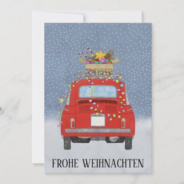 Frohe Weihnachten German Christmas Red Fiat 500  Holiday Card (Front)