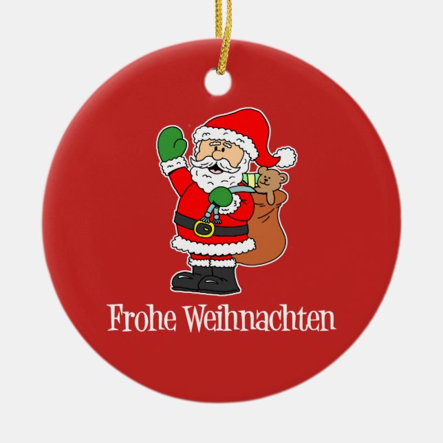 Frohe Weihnachten German Christmas Santa Ceramic Tree Decoration (Front)