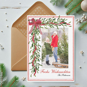 Frohe Weihnachten Mistletoe Red Bow Family Photo Holiday Card