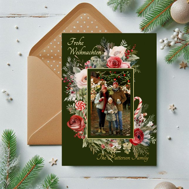 Frohe Weihnachten Photo Floral Foil German Foil Holiday Card (Creator Uploaded)