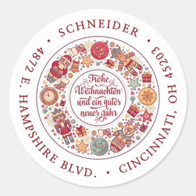 Frohe Weihnachten Wreath Return Address Classic Round Sticker (Front)