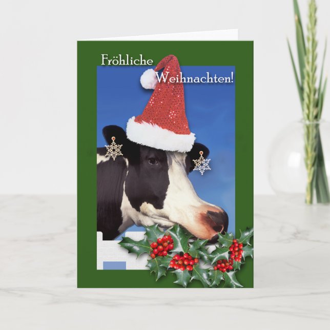 Frohliche Weihnachten, German Christmas, Cow Holiday Card (Front)