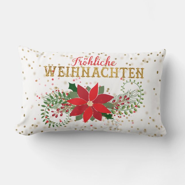Frohliche Weihnachten Gold Glitter Poinsettia Xmas Lumbar Cushion (Front)
