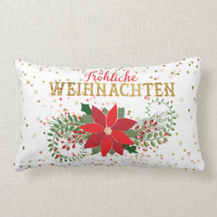 Frohliche Weihnachten Gold Glitter Poinsettia Xmas Lumbar Cushion