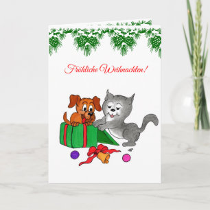 Fröhliche Weihnachten, Hund und Katze auf Deutsch Holiday Card