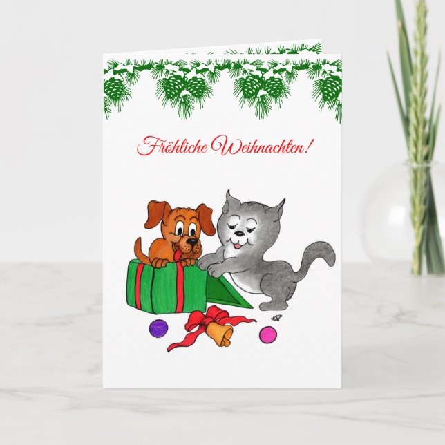 Fröhliche Weihnachten, Hund und Katze auf Deutsch Holiday Card (Front)