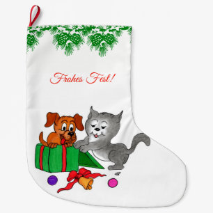 Fröhliche Weihnachten, Hund und Katze auf Deutsch Large Christmas Stocking