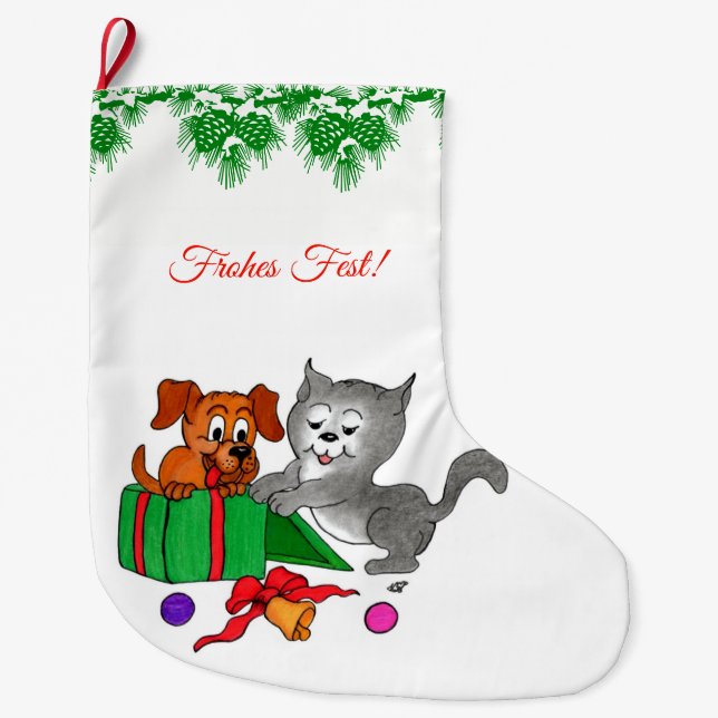 Fröhliche Weihnachten, Hund und Katze auf Deutsch Large Christmas Stocking (Front)