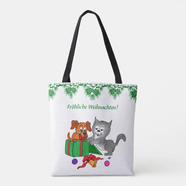 Fröhliche Weihnachten, Hund und Katze auf Deutsch Tote Bag (Back)