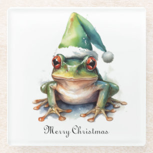 Frolic Christmas Frog, custom Glass Coaster