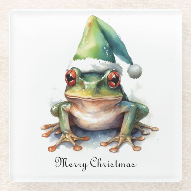 Frolic Christmas Frog, custom Glass Coaster (Front)