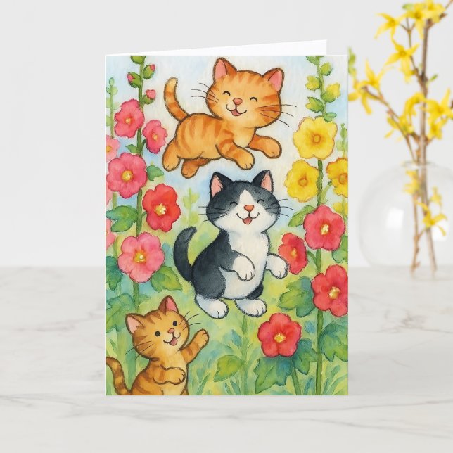 Frolicking Country Cats in Flower Garden Birthday Card (Yellow Flower)