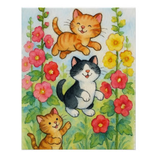 Frolicking Country Cats in Flower Garden Poster