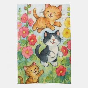 Frolicking Country Cats in Flower Garden Tea Towel