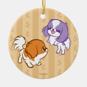 Frolicking Kawaii Puppies Japanese Chin Ceramic Tree Decoration