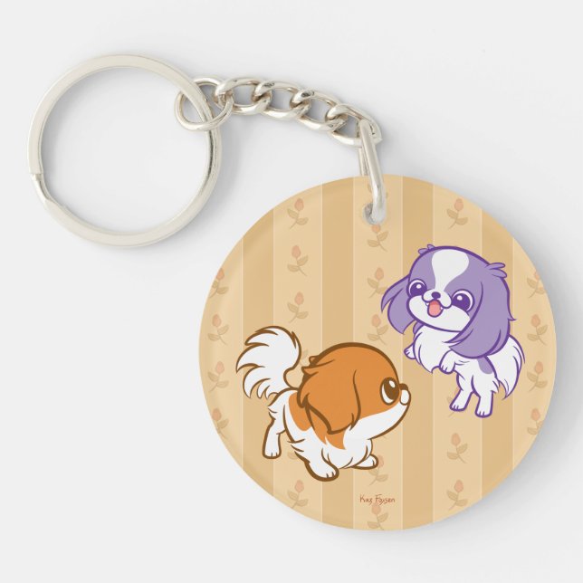 Frolicking Kawaii Puppies Japanese Chin Key Ring (Front)