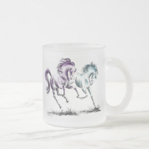 Frolicking Racing Wild Horses Frosted Glass Coffee Mug