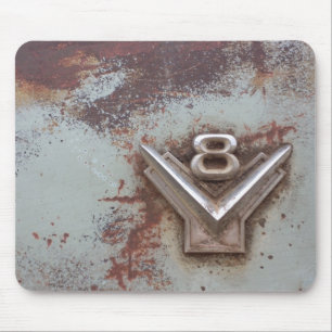 From classic car: Rusty old v8 emblem in chrome Mouse Mat