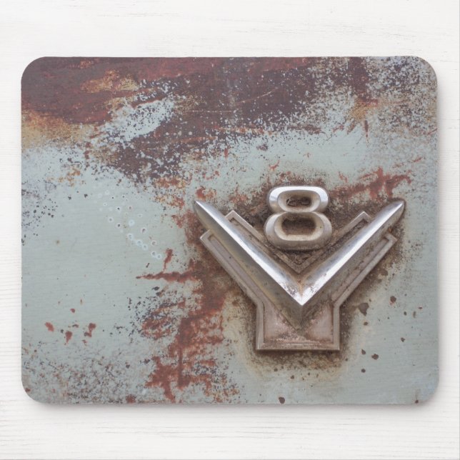 From classic car: Rusty old v8 emblem in chrome Mouse Mat (Front)